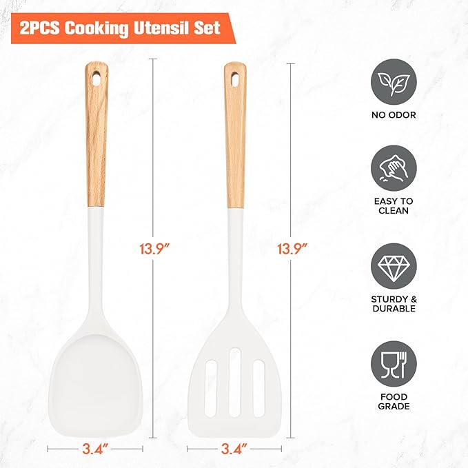 Silicone Cooking Spatula, Heat Resistant Solid Turner, Slotted Spatulas with Wooden Handle,Ideal Wood Kitchen Utensils Set for Frying, Baking, Flipping, Turning,Pack of 2 (White)