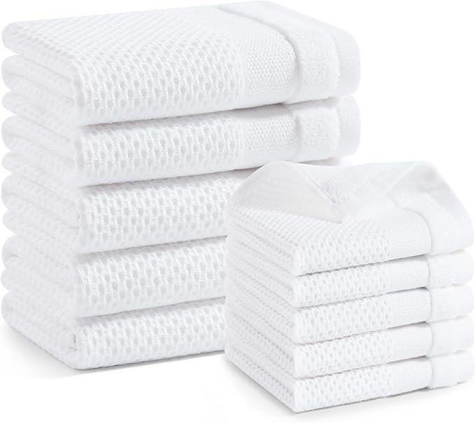 Homaxy Kitchen Towels and Dishcloths Set, 12 x 12 and 13 x 28 Inches, Set of 10 100% Cotton Waffle Weave Kitchen Towels, Super Soft and Absorbent Dish Cloths, White