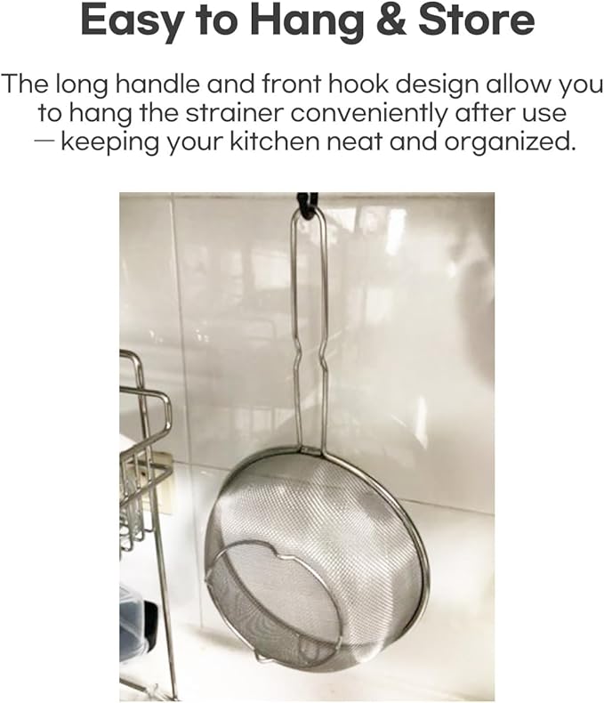 8″ Stainless Steel Fine Mesh Strainer with Feet – Standing Colander with Handle for Strain, Sift, Drain & Rinse Vegetables, Fruits & Pasta