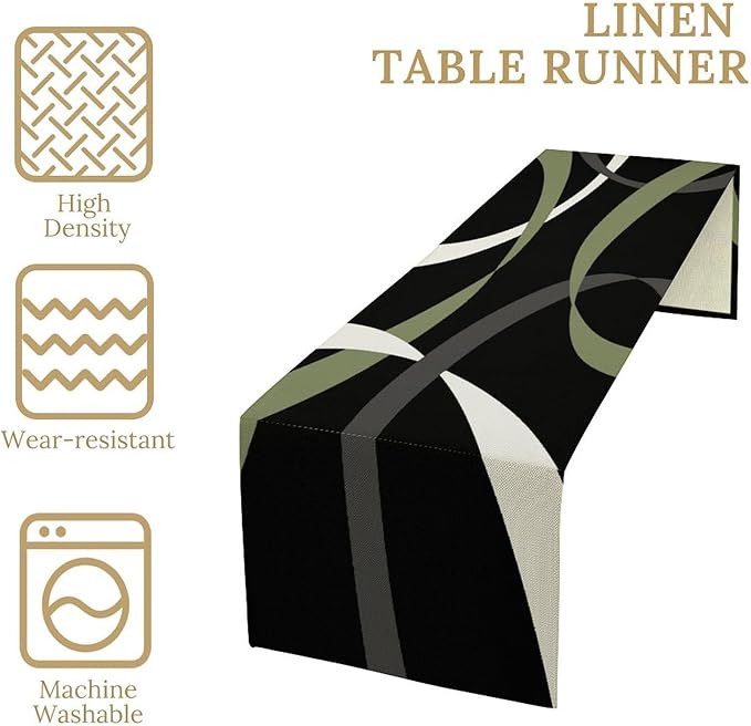 Abstract Geometric Table Runner Sage Green Grey and White Striped Black Background Modern Kitchen Dinner Runner for Indoor Home Living Room Party Dining Table Decoration 13"x60"