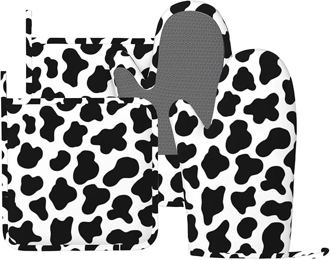 Cow Print Oven Mitts and Pot Holders Sets Silicone Black White Cow Print Kitchen Mitts Potholders Heat Resistant 4Pcs Farmhouse Cowhide Oven Gloves Hot Pads for Kitchen Baking Cooking