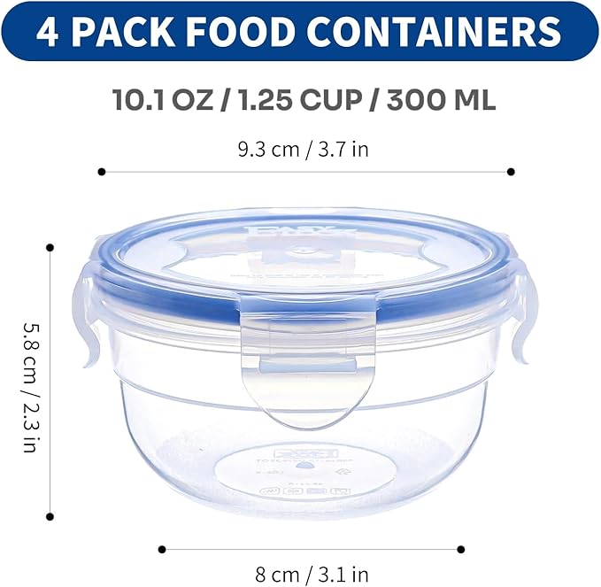 KIGI Small Plastic Bowls with Lid, Leak Proof Round Food Storage Container Set for Meal Prep, Lunch & Soup, 4 Sided Locking Lid, Airtight, BPA-Free Plastic, 10 oz / 1.25 Cup, 8 Piece set