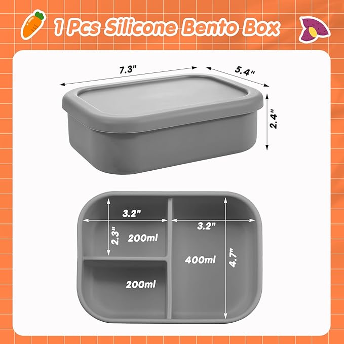 Layhit 1 Pcs Silicone Bento Box for Adults, 27 oz Bento Lunch Container Reusable 3 Compartment Lunchable Food Container for Women Men, Leak Proof Microwave Dishwasher Freezer Safe (Dark Gray)