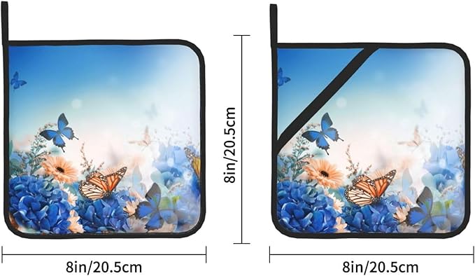 Pot Holders 2PCS Blue Butterfly Flower, Potholder for Kitchen Heat Resistant for BBQ Cooking Baking Food Hot Pat for Women Men Kitchen Wear
