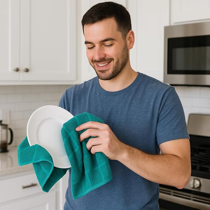 100% Cotton Terry Dish Cloth & Dish Towel (Teal, Dish Towel - 4 Pack(Solid))