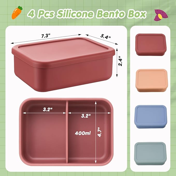 Layhit 4 Pcs Silicone Bento Box for Adults, 27 oz Bento Lunch Container Reusable 2 Compartment Lunchable Food Container for Women Men, Leak Proof Microwave Dishwasher Freezer Safe (Dark Colors)