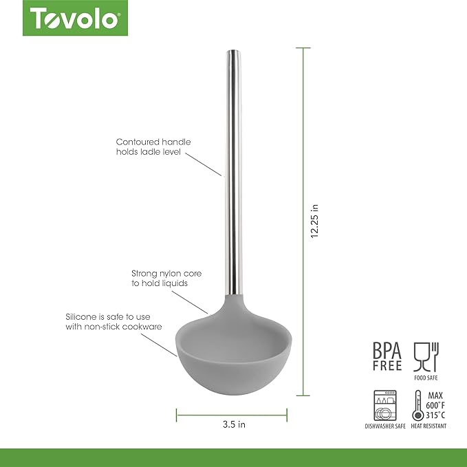 Tovolo Silicone Ladle With Stainless Steel Handle Deep Soup Ladle for Cooking Canning Serving Soup Punch Stew Sauce, Large Kitchen Utensil Spoon Dishwasher Safe BPA Free Silicone Oyster Gray