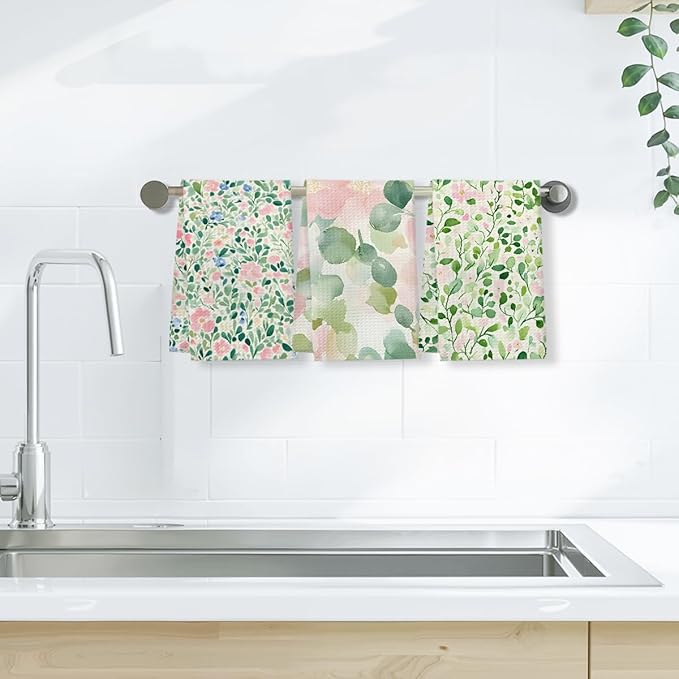 3 Pcs Watercolor Flower Checkered Kitchen Towels, Spring Summer Plant Decorative Absorbent Microfiber Dish Cloth Tea Towel, Aesthetic Waffle Soft Hand Towels for Farmhouse Home Bathroom