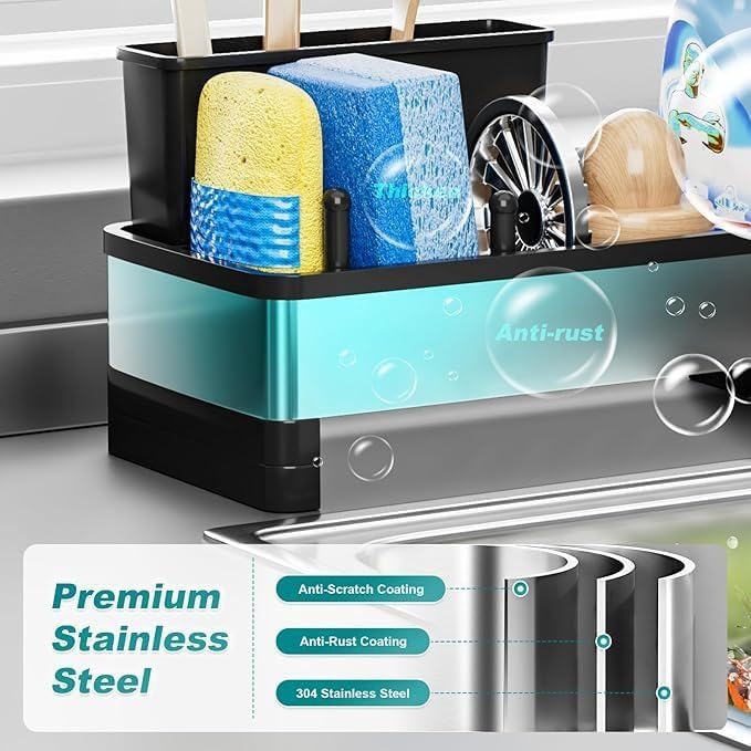 304 Stainless Steel Sink Caddy with Auto-Drain, Rustproof Kitchen Sink Organizer, Sponge Holder with Removable Brush & Towel Rack, Countertop Storage for Soap Dispenser, Kitchen Accessories, Black