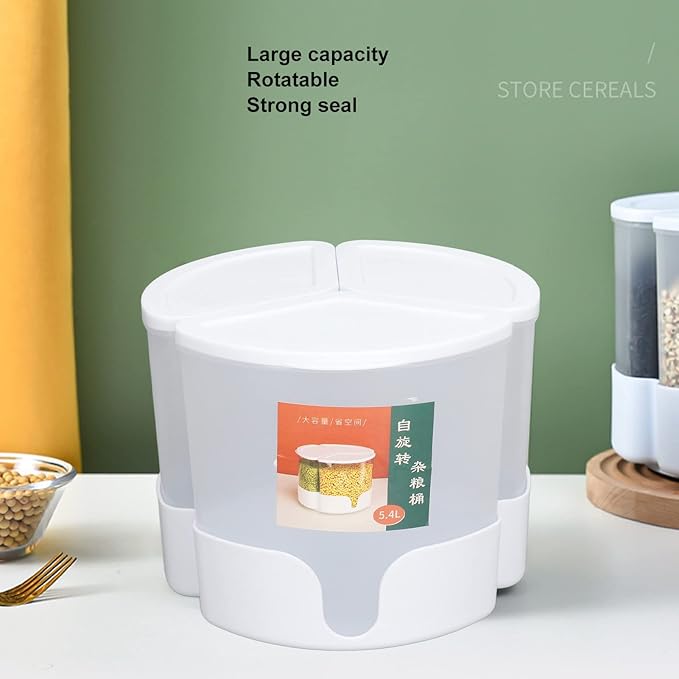 Grain Dispenser,360° Rotating Grain Storage Food Dispenser,3 Compartment Sealed Dry Food Container for Kitchen Counter Storage Organization