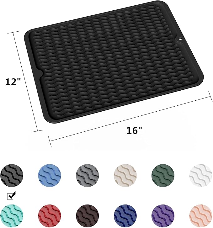 ZLR Silicone Dish Drying Mat for Kitchen Counter, Eco-Friendly Fast Dry Dish Mat, Easy Clean Multi Usage Drying Matt, Heat Resistant Trivet, 12" x 16" Large, Black