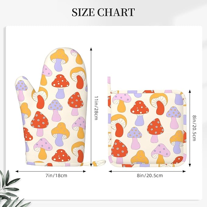 Mushroom Trendy Cute Pop 70s Oven Mitts and Pot Holders Set of 2 Silicone Heat Resistant Oven Mitten Potholders Non Slip Gloves Kitchen Decor for BBQ Cooking Grilling Baking