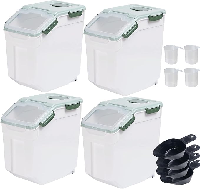 Large Flour Storage Container 25lbs, (4 Pack) BPA Free Rice Dispenser Bin with Locking Lid & Wheels, Measuring Cup, Scoop Kitchen Pantry Organizer for Flour, Rice, Grain, Cereal, Dog Food (Green)