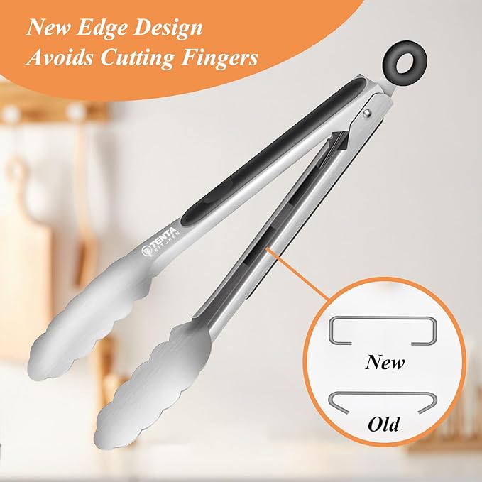 Tongs for Cooking, 9-Inch Stainless Steel Kitchen Tongs, Locking Metal Food Tongs with Silicone Non-Slip Grip, Kitchen Utensils for Food, Salad and Outdoor BBQ (Set of 4)