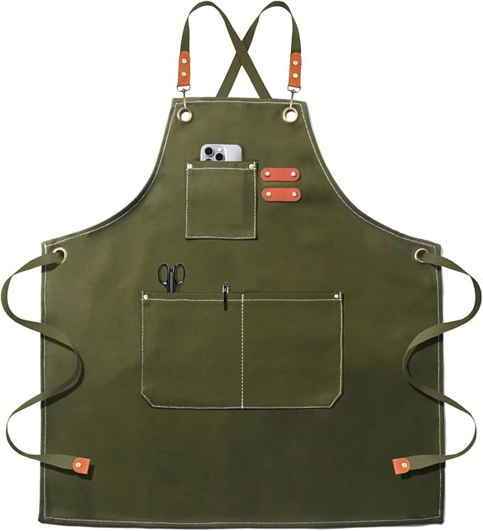 OUNLEN Chef Apron for Men Women Canvas Aprons with 3 Pockets Cross Back Resistant Work Apron for Cooking