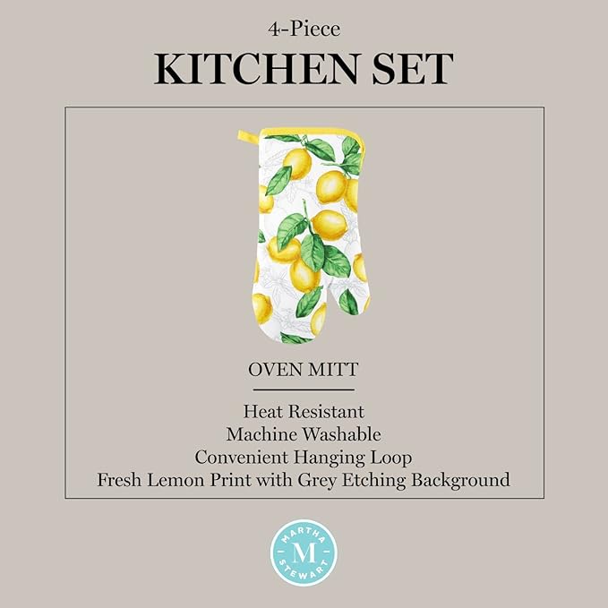 Martha Stewart Lots of Lemons Modern Kitchen Towel, Oven Mitt & Potholder Set, 4-Pack, White-Yellow