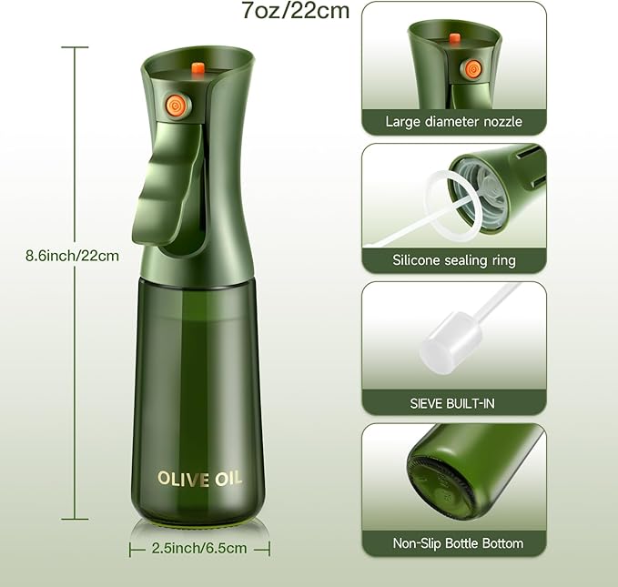 Glass Olive Oil Sprayer for Cooking, Oil Mister Continuous Cooking Spray with Portion Control for Kitchen 200ml/7oz (Green Bottle)