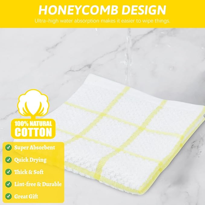 Nialnant 8 Pack Dish Cloths for Washing Dishes, 100% Cotton Reusable Cleaning Rag, Quick Drying Dish Towels for Kitchen,12x12 Inches,Yellow