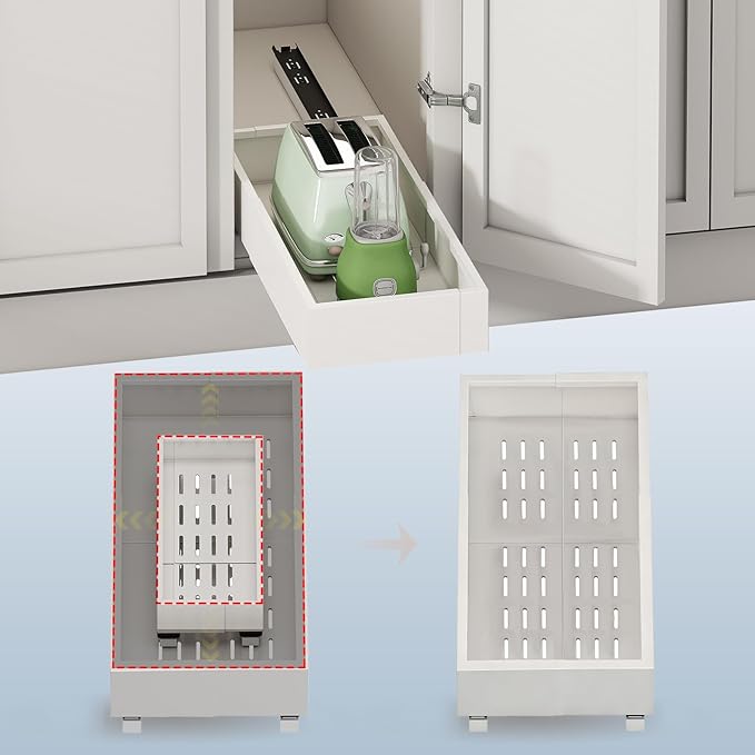 Pull out Cabinet Organizer,Expandable Width(7"-11"),Depth(17"-24"),Roll out Drawers,No Drill Adjustable Slide out Shelves for Kitchen,Pantry,for Both Lip and Lip-Free Cabinets,White(1PC)