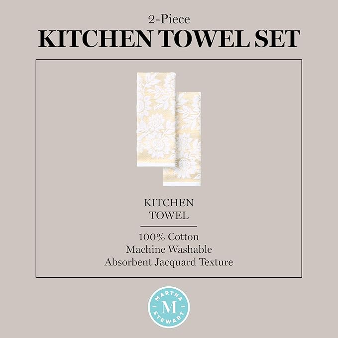 Martha Stewart Woodland Harvest Jacquard Sunflowers Kitchen Towel 2-Pack Set, 100% Cotton with Absorbent Honeycomb Texture, Decorative Kitchen Towels, Yellow, 16"X28"
