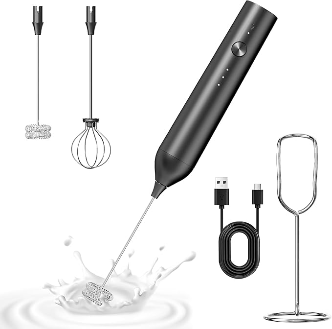 Milk Frother Handheld Rechargeable, Hand Frother with Stand, Drink Mixer Frother Wand Electric Whisk Stirrer for Coffee, Latte, Matcha, Cappuccino, Hot Chocolate, Kitchen Gifts - Black