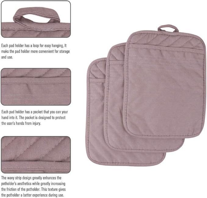 Anyi Pot Holders for Kitchen Heat Resistant, Cotton Hot Pads for Counter Table, Grey Kitchen Pot Holders with Pocket Pack of 3
