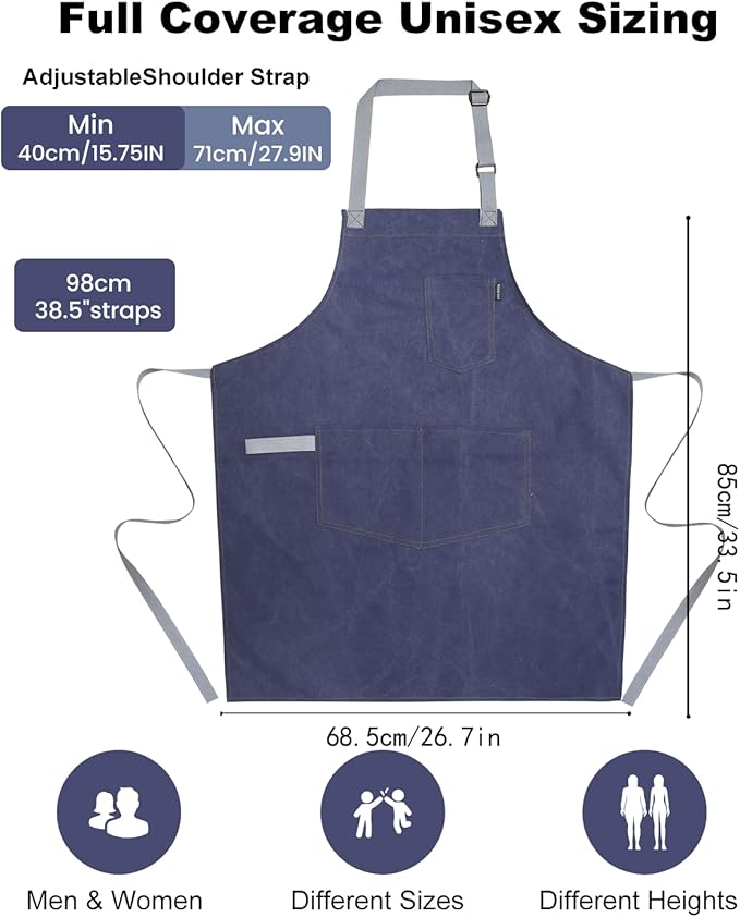 Womens Apron With Pockets Adjustable Shoulder Strap,Apron For Men 38.5" Extra-Long Straps Fit More Body Types,Chef Apron For Kitchen Garden Barbecue Woodworking. (Light Blue)