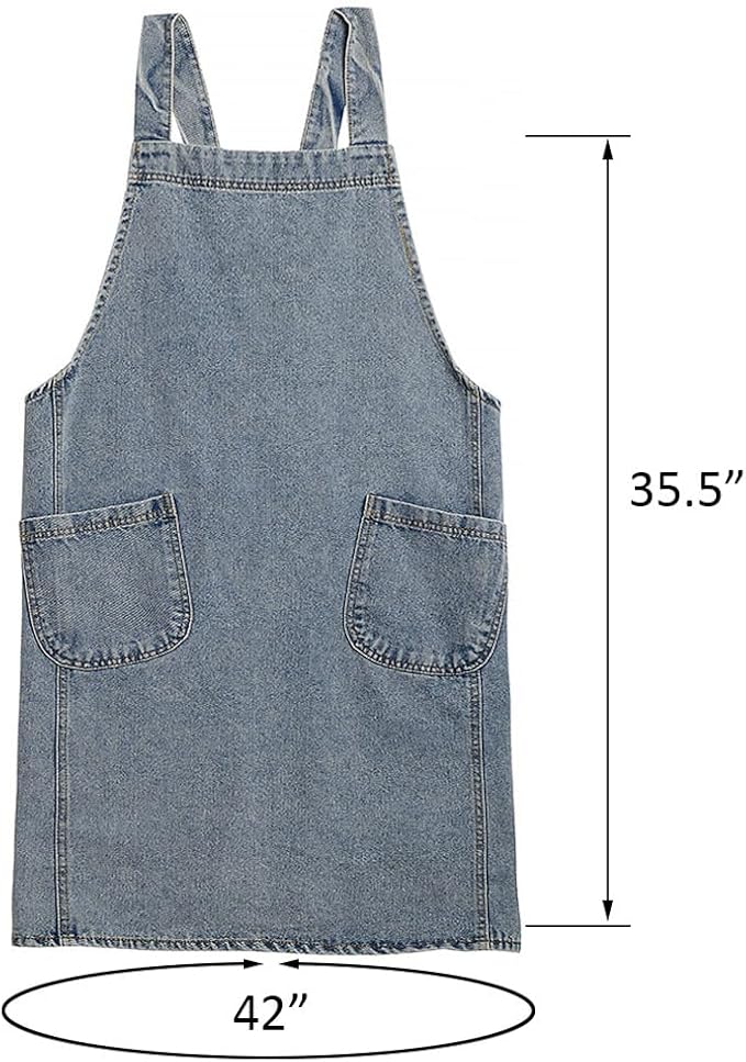 Denim Apron with Large Pockets for Cooking Kitchens, Gardening Aprons for Women Men, Bib Jean Apron for Arts Cafe Work (Style B, Light Blue)