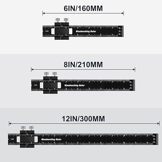Woodworking Ruler, Violetfox 3Pcs Precision Pocket Ruler Metal Slide Rule Inch and Metric T-Type Scribing Ruler Square Ruler T Track Ruler Marking Measuring Ruler(6/8/12 Inch)