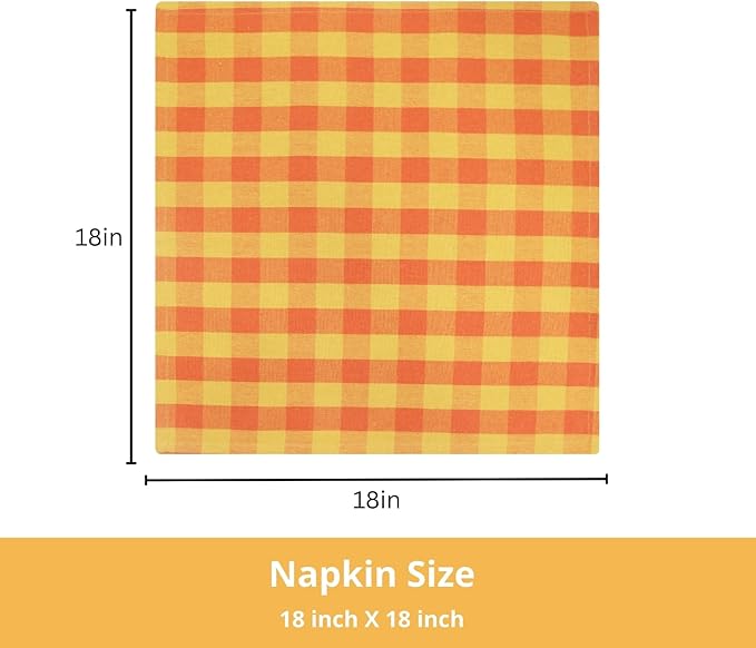 PurpleEssences Buffalo Plaid Cloth Napkins - Mitered Corners - Spring Easter Summer - Gingham Check Dinner Napkin - Set of 12-100% Cotton - 18x18 Inch - Reusable Washable - Orange and Golden Yellow