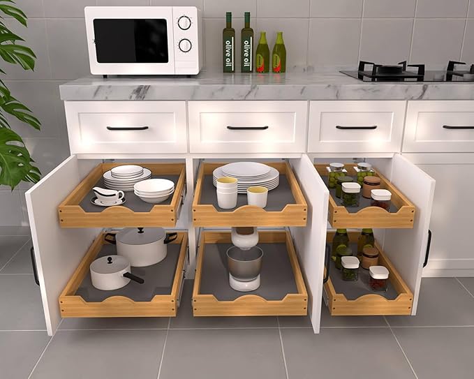 OCG Pull Out Drawers For Cabinets, Slide out Wood Drawer Shelf, Pull Out Shelves for Base Cabinet Organization in Kitchen, Pantry, Bathroom