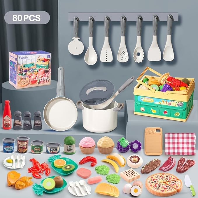 80Pcs Kitchen Playset, Toddler Pretend Cooking with Pots, Pans, Cookware, Food, Picnic Blanket, Fruits, Veges, Shopping Storage Basket, Dessert , Learning Gift for Girls Boys (White)