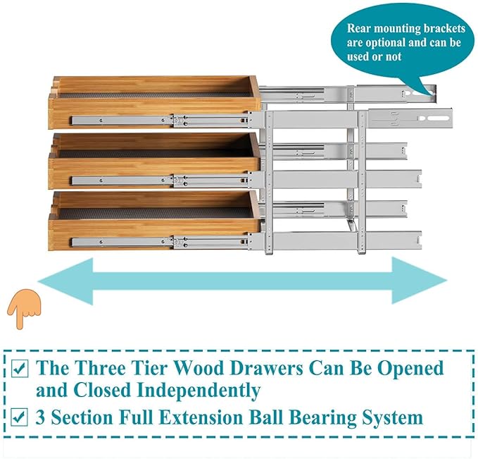 OCG Pull Out Cabinet Drawer 11" W x 21" D, 3 Tier Pull Out Cabinet Organizer, Heavy-Duty Slide Out Drawer for Cabinets, Base Cabinet Organization for Kitchen, Pantry, Bathroom