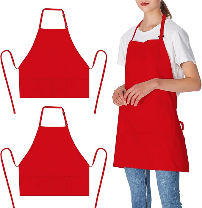 Jubatus 2 Pack 3 Pockets 100% Cotton Adjustable Bib Apron Chef Kitchen Cooking Aprons for Women Men, Red