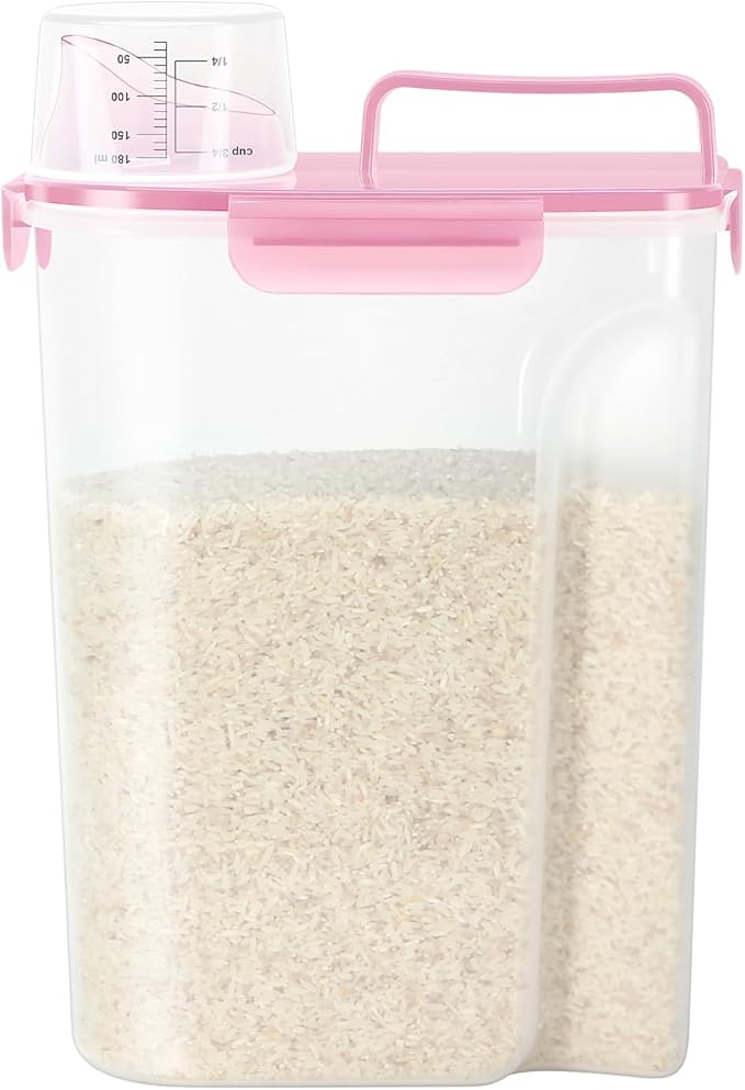 LEAWALK Airtight 10LBS Rice/Cereal/Dry Food Storage Container BPA Free, 5.28Qt Clear Plastic Kitchen and Pantry Organization Bin Suitable for Oats, Flour, Sugar, Pasta, Pet Food, etc (Clear Pink)
