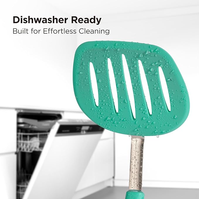 Kitchen Mama WaltzGrip Platinum Silicone Pancake Spatula Turner: Heat Resistant Flexible, Stainless Steel Core, Nonstick, Dishwasher Safe, Flipper – Ideal Kitchen Cookware for Eggs, Fish, Meat (Teal)