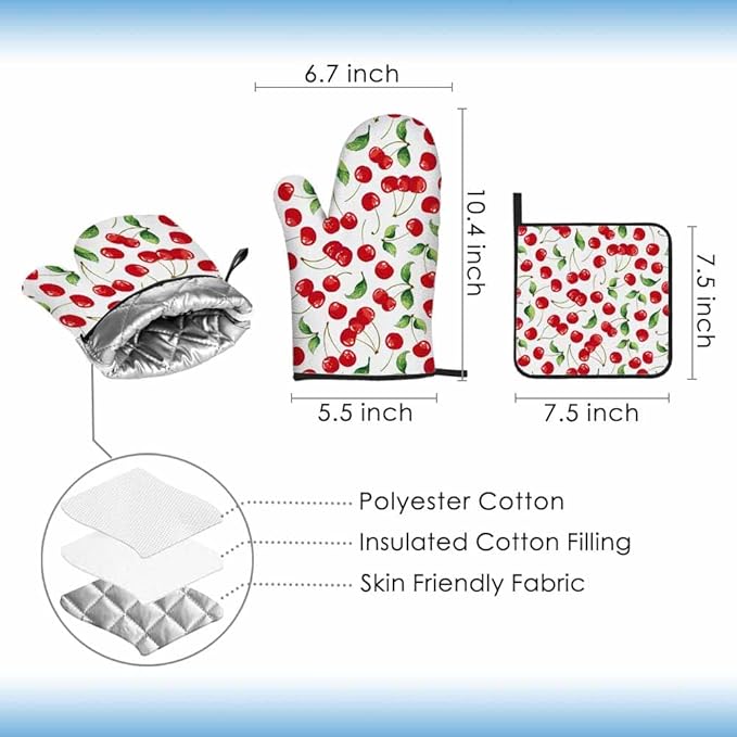 Red Cherry Oven Mitts and Pot Holders Sets Bright Cartoon Fruit Vibrant Heat Resistant 3pcs for Cooking Baking BBQ