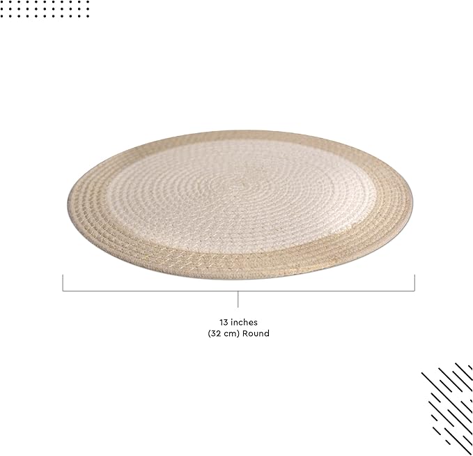 Encasa XO Dining Placemats Set of 4 | Cotton Round Table Mat - 13 in Diameter | Off White & Beige | Handmade Rib Style Chargers for Dinner Plates