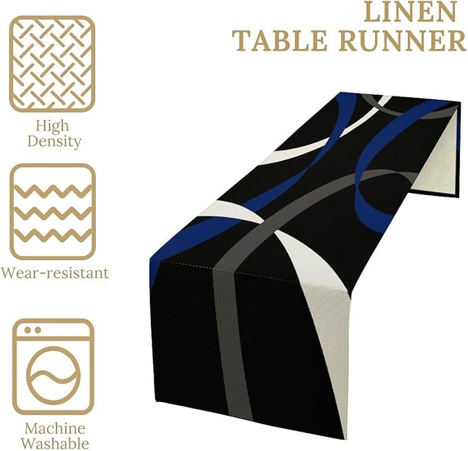 Abstract Geometric Table Runner Navy Blue Grey and White Striped Black Background Modern Kitchen Dinner Runner for Indoor Home Living Room Party Dining Table Decoration 13"x120"