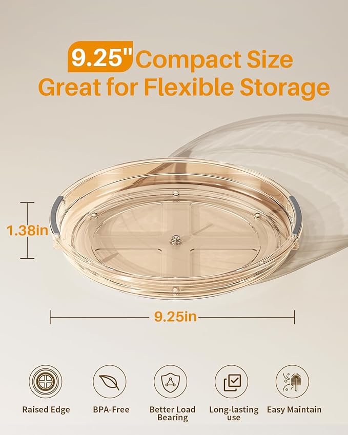 LAMU 2 Pack Lazy Susan Organizer 9.25 inch Lazy Susan Turntable for Cabinet, Rotating Spice Organization for Cabinet, Kitchen, Table Top, Countertop, Pantry Fridge Organizers and Storage, Amber