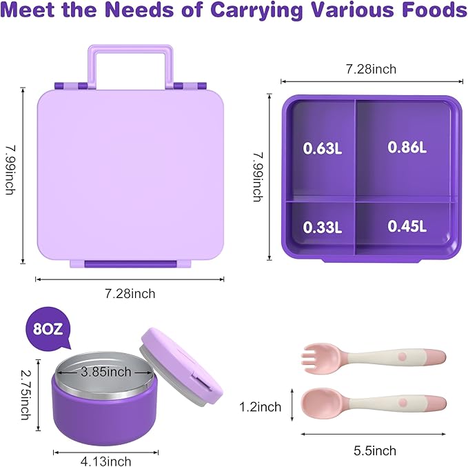 Pawtong Bento Lunch Box with 8oz Soup Thermo, Kids Leakproof Lunch Food Containers with 4 Compartment, Kids Thermo Insulated Hot Food Jar for School, Trvael (Purple)