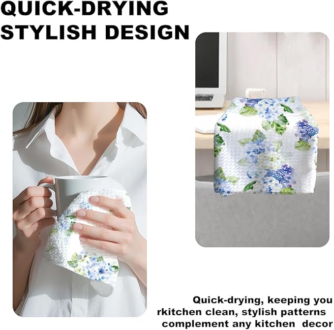 3 Pcs Blue Hydrangea Kitchen Towels, Spring Summer Flowers Decorative Absorbent Microfiber Dish Cloth Tea Towel, Waffle Hand Towels Hydrangea Decor for Farmhouse Home Bathroom, Housewarming Gifts