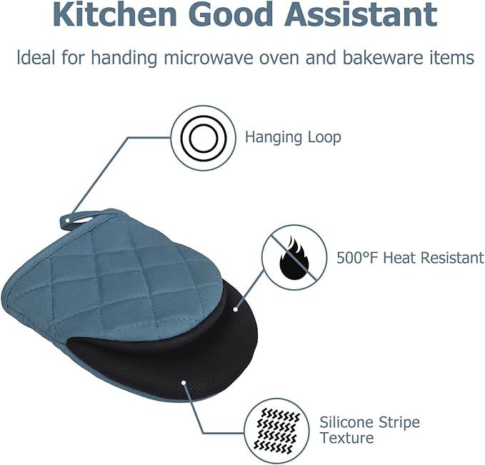 Short Oven Mitts, Heat Resistant 500°F, Silicone Grip Kitchen Gloves, Non-Slip for Baking, Grilling, BBQ, Machine Washable with Hanging Loop, 2-Pack Set, Light Cyan