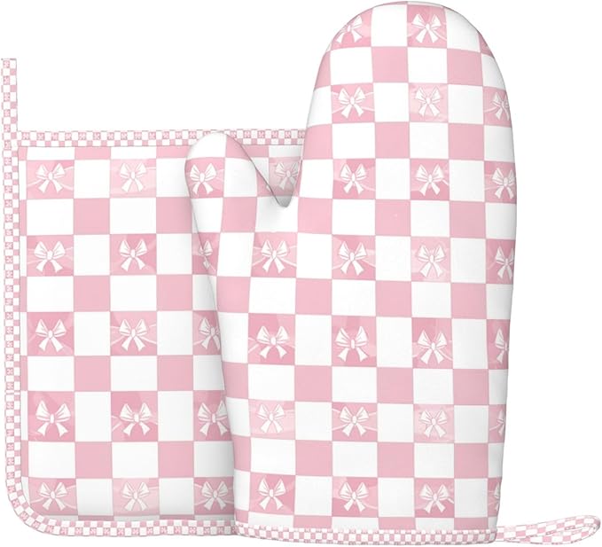 Oven Mitts and Pot Holders Pink Check Bow Pattern Silicone Kitchen Accessories Set of 2 Heat Resistant Long Gloves Potholder Non-Slip Grip for Chef Cooking Baking Grilling BBQ
