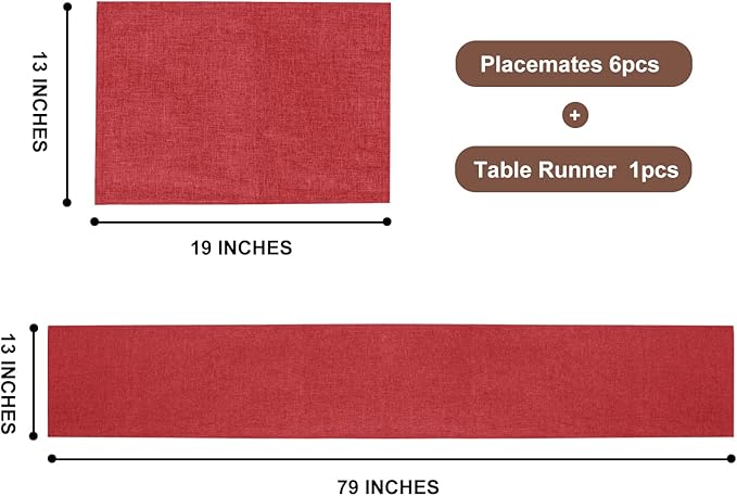Linen Table Runner and Placemats Set of 6, Farmhouse Style Tabletop Collection, Thick Double Layer Heat-resistand Table Mats for Kitchen, Dining, Holiday Party by Auscmu TC/ Wine Red