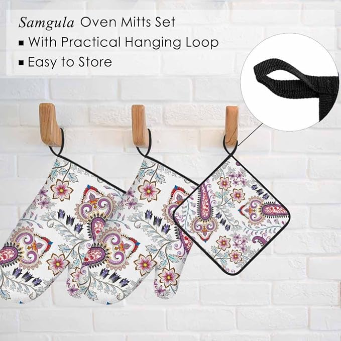 Ethnic Flowers Oven Mitts and Pot Holders Sets Leaves Purple Pastel Heat Resistant 3pcs for Cooking Baking BBQ