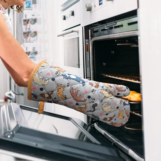 Oven Mitts Cotton Fashion Cute Cat Design 1pair Heat Resistant Oven Gloves Safe Cooking Baking Grilling Barbecue Machine Washable Pot Holders (Cat)