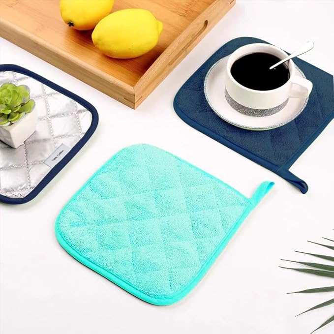 meioro 4-Pack Pot Holders for Kitchen High Heat Resistant Potholder, 100% Cotton Hot Pads, Quilted Terry Hot Pot Holder Set for Kitchens, Washable Trivet for Cooking and Baking 7x7 Inches (Aqua)
