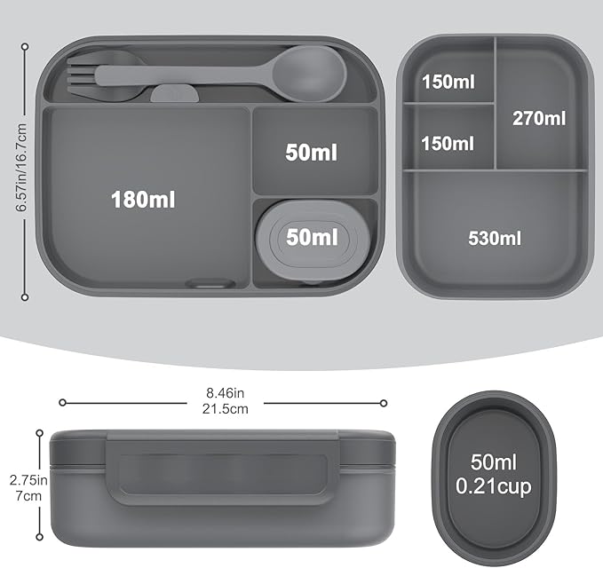 Caperci Stackable Bento Lunch Box for Adult & Teens - Reinforced Leak-Proof Lunch Container 4-Compartment with Utensils & Sauce Container, BPA-Free, Dishwasher/Microwave Safe, 47oz (Dark Gray)