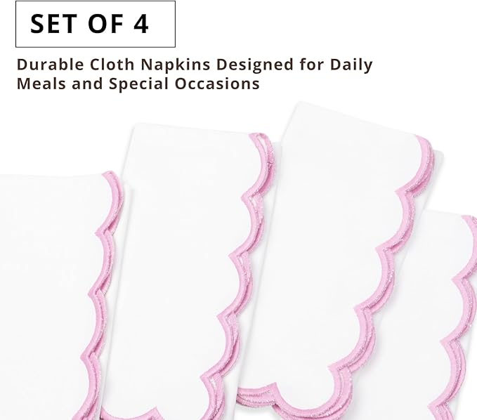 PurpleEssences Scalloped Embroidery Cloth Napkins - Spring Easter Summer - Table Decor - 100% Cotton - Set of 4-18x18 inch - White - Edges - Blush Pink